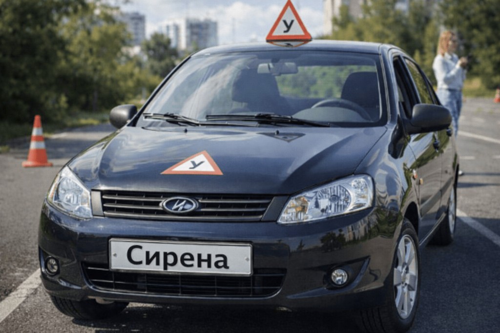 Чёрная учебная Лада Гранта со знаком «У» на площадке